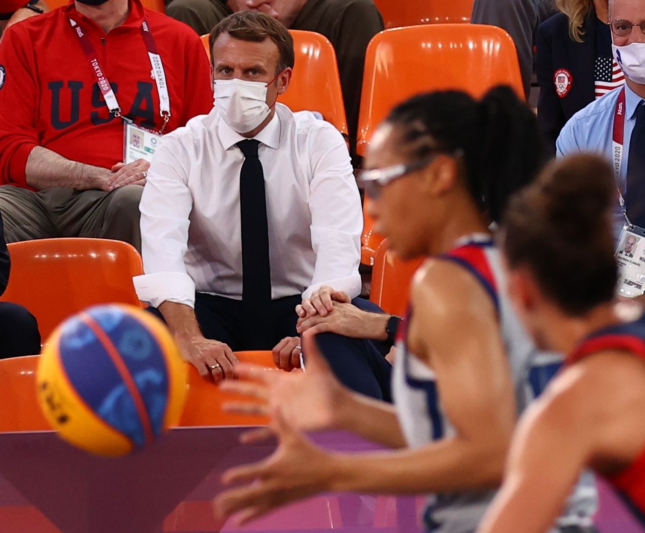 Tokyo 2020 Olympics - Basketball 3x3 - Women - Pool A - United States v France - Aomi Urban Sports Park, Tokyo, Japan - July 24, 2021. France president Emmanuel Macron attends the match. REUTERS/Andrew Boyers