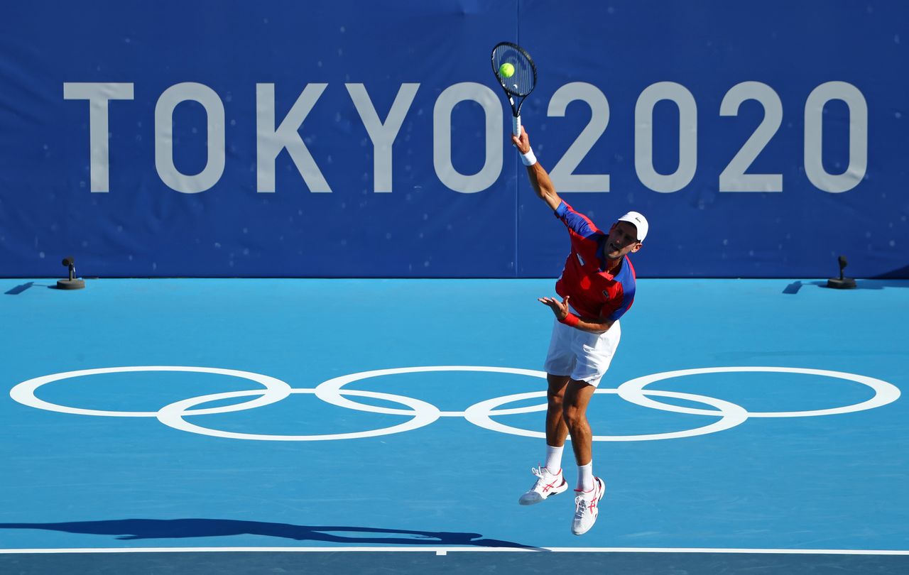 Tokyo 2020 Olympics - Tennis - Men's Singles - Round 1 - Ariake Tennis Park - Tokyo, Japan - July 24, 2021. Novak Djokovic of Serbia in action during his first round match against Hugo Dellien of Bolivia REUTERS/Mike Segar