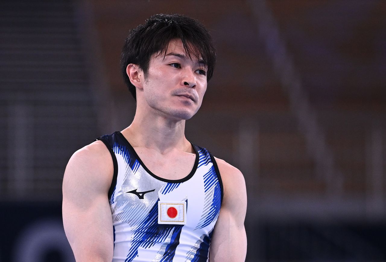 Tokyo 2020 Olympics - Gymnastics - Artistic - Men's Horizontal Bar - Qualification - Ariake Gymnastics Centre, Tokyo, Japan - July 24, 2021. Kohei Uchimura of Japan looks on after competing on the horizontal bar. REUTERS/Dylan Martinez