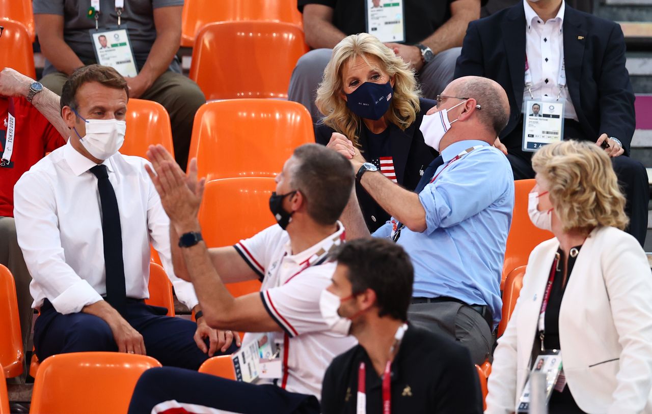 Tokyo 2020 Olympics - Basketball 3x3 - Women - Pool A - United States v France - Aomi Urban Sports Park, Tokyo, Japan - July 24, 2021. France president Emmanuel Macron and U.S. First Lady Jill Biden attend the match. REUTERS/Andrew Boyers