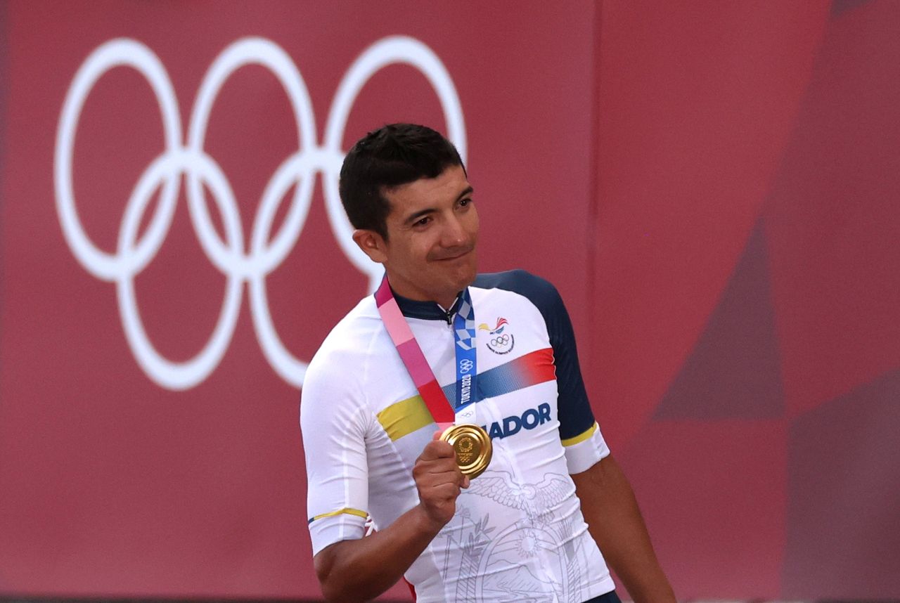 Tokyo 2020 Olympics - Cycling - Road - Men's Road race - Medal Ceremony - FSW - Fuji International Speedway - Shizuoka, Japan - July 24, 2021. Gold medallist Richard Carapaz of Ecuador celebrates on the podium. REUTERS/Christian Hartmann