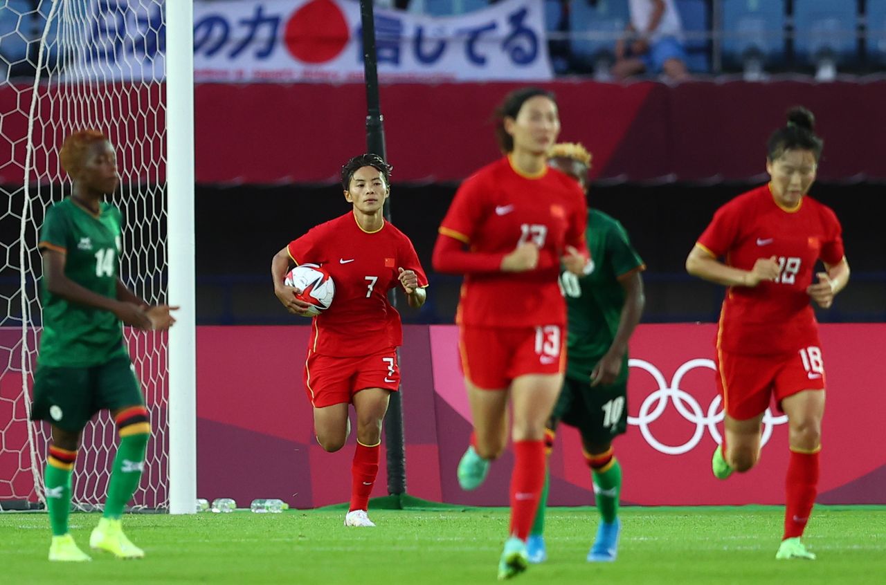 Tokyo 2020 Olympics - Soccer Football - Women - Group F - China v Zambia - Miyagi Stadium, Miyagi, Japan - July 24, 2021. Wang Shuang of China scores their fourth goal from the penalty spot REUTERS/Amr Abdallah Dalsh