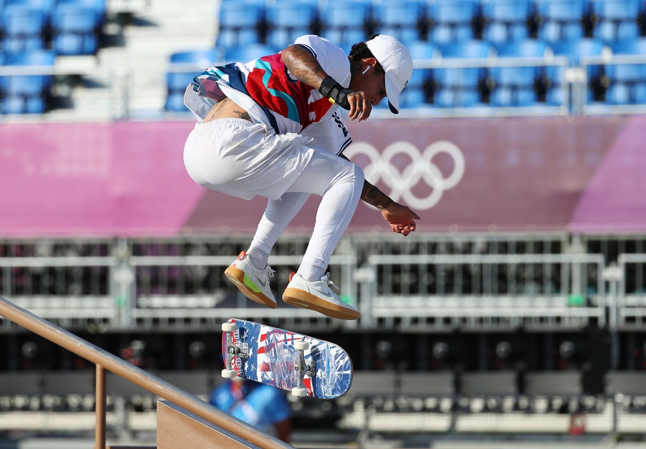 Tokyo 2020 Olympics - Skateboarding Training Session - Ariake Urban Sports Park, Tokyo, Japan - July 24, 2021. Nyjah Huston of the United States in action during training REUTERS/Lucy Nicholson