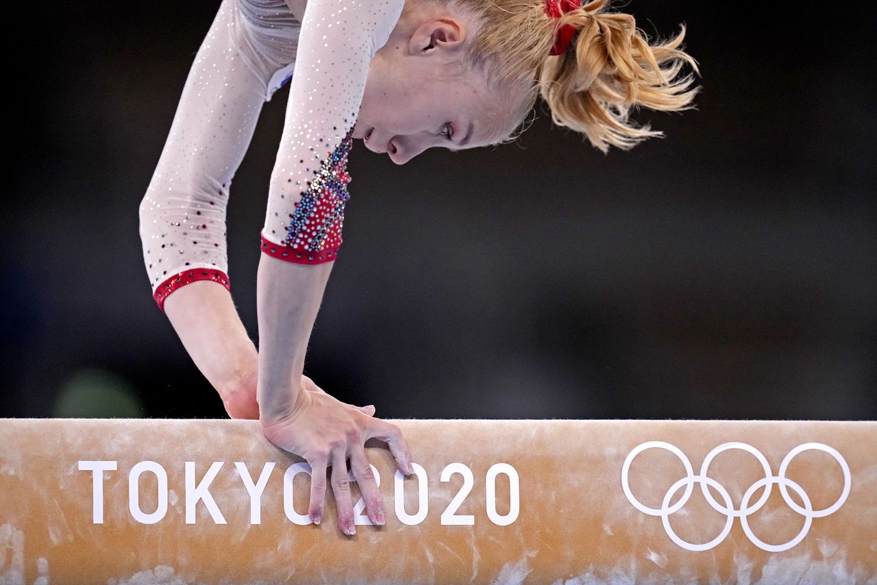 Jul 25, 2021; Tokyo, Japan; Viktoria Listunova (ROC) competes on the beam in the womens gymnastics qualifications during the Tokyo 2020 Olympic Summer Games at Ariake Gymnastics Centre. Mandatory Credit: Danielle Parhizkaran-USA TODAY Network