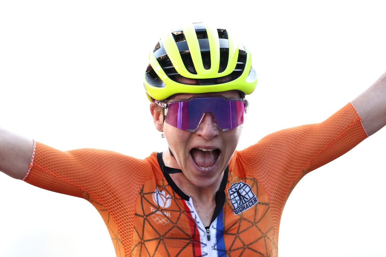 Tokyo 2020 Olympics - Cycling - Road - Women's Road Race - Final - Tokyo to Fuji International Speedway - Tokyo, Japan - July 25, 2021. Annemiek van Vleuten of the Netherlands celebrates winning sliver. REUTERS/Christian Hartmann