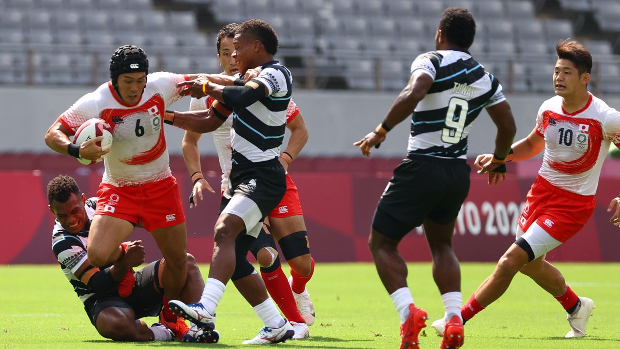Tokyo 2020 Olympics - Rugby Sevens - Men - Pool B - Fiji v Japan - Tokyo Stadium - Tokyo, Japan - July 26, 2021. Masakatsu Hikosaka of Japan in action. REUTERS/Siphiwe Sibeko