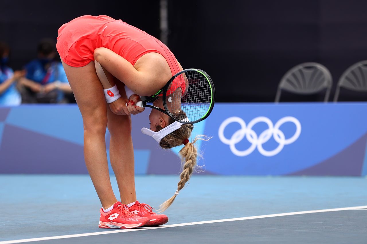 Tokyo 2020 Olympics - Tennis - Women's Singles - Round 2 - Ariake Tennis Park - Tokyo, Japan - July 26, 2021. Nina Stojanovic of Serbia reacts after losing her second round match against Maria Sakkari of Greece REUTERS/Edgar Su