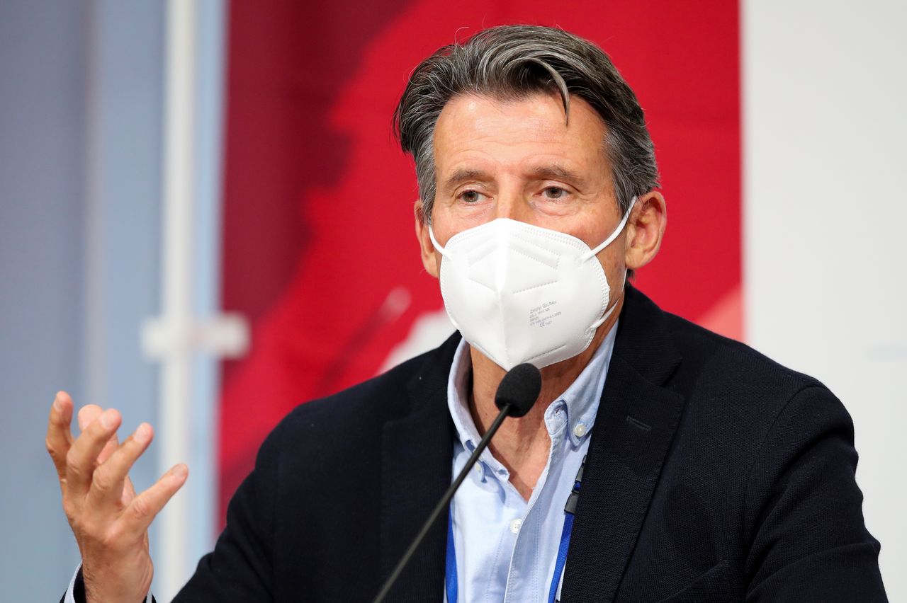 FILE PHOTO: World Athletics President Sebastian Coe speaks to media at the Olympic Stadium during the Athletics test event for Tokyo 2020 Olympic Games in Tokyo, Japan May 9, 2021. REUTERS/Kim Kyung-Hoon