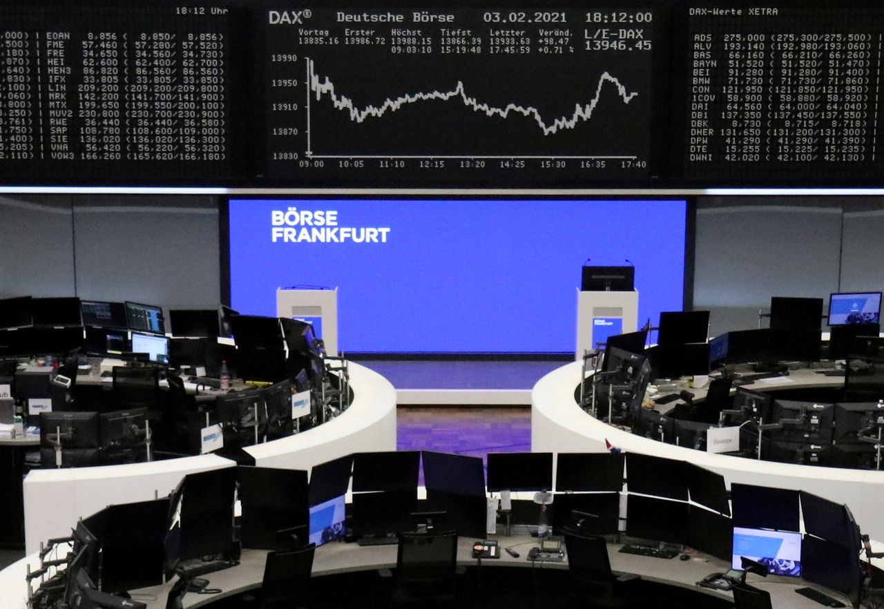 FILE PHOTO: The German share price index DAX graph is pictured at the stock exchange in Frankfurt, Germany, February 3, 2021. REUTERS/Staff/File Photo