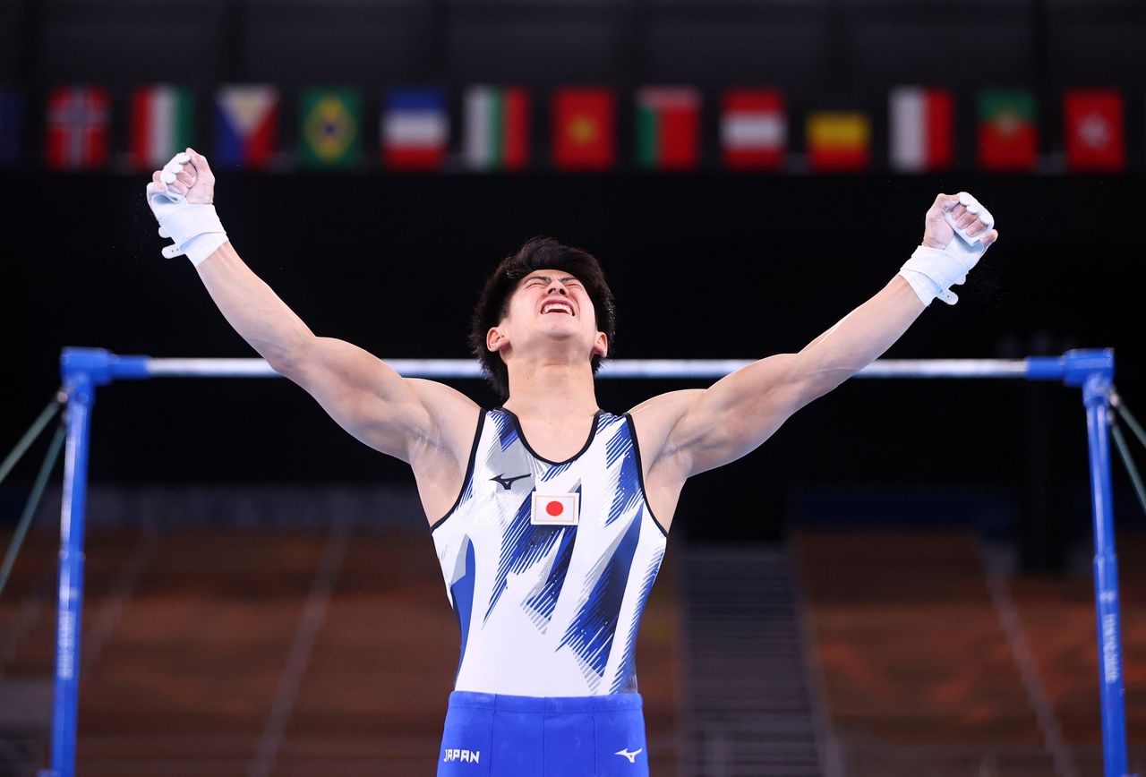 Tokyo 2020 Olympics - Gymnastics - Artistic - Men's Individual All-Around - Final - Ariake Gymnastics Centre, Tokyo, Japan - July 28, 2021. Daiki Hashimoto of Japan reacts after performing on the horizontal bar. REUTERS/Lindsey Wasson