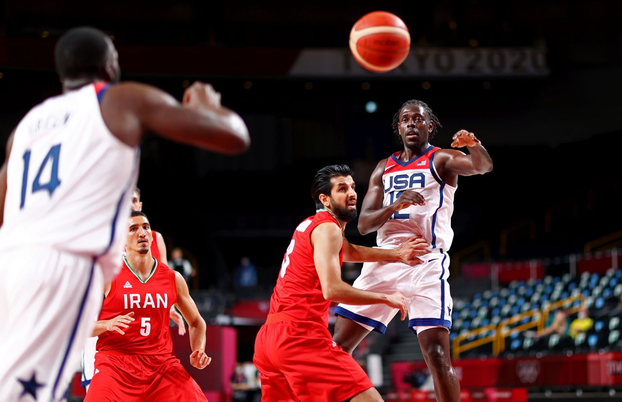 Tokyo 2020 Olympics - Basketball - Men - Group A - United States v Iran - Saitama Super Arena, Saitama, Japan - July 28, 2021. Jrue Holiday of the United States in action with ir13 REUTERS/Brian Snyder
