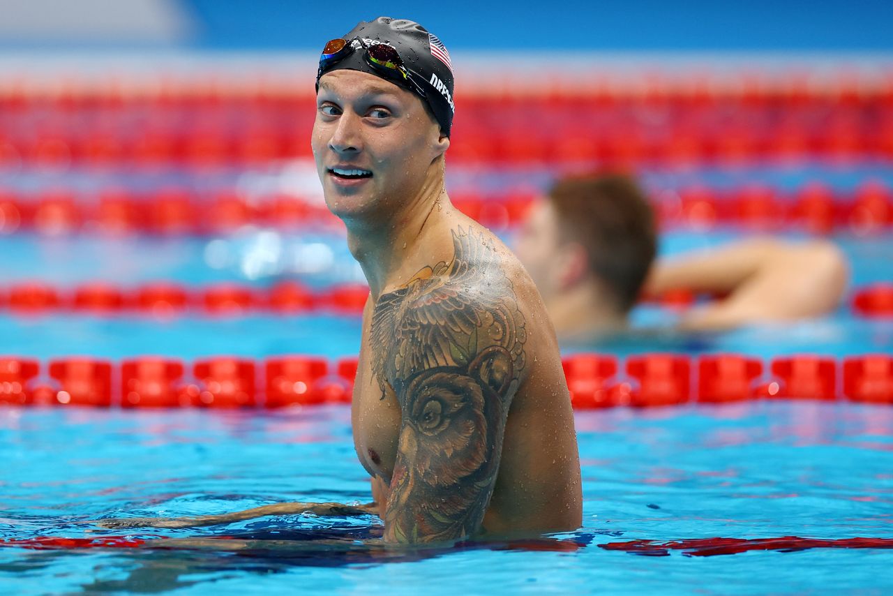 Caeleb Dressel of the United States looks on after setting a new... 