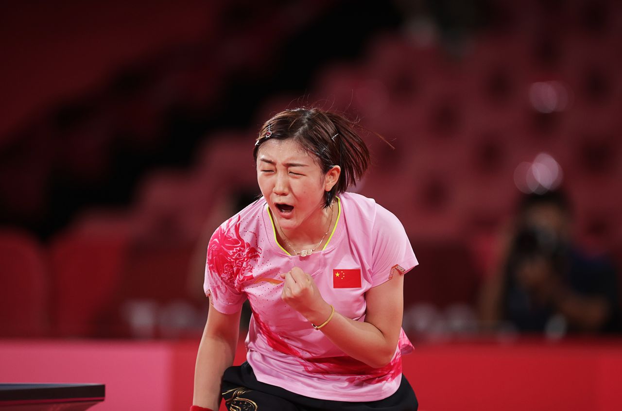 Tokyo 2020 Olympics - Table Tennis - Women's Singles - Gold medal match - Tokyo Metropolitan Gymnasium - Tokyo, Japan - July 29, 2021. Chen Meng of China reacts during her match against Sun Yingsha of China REUTERS/Hannah Mckay