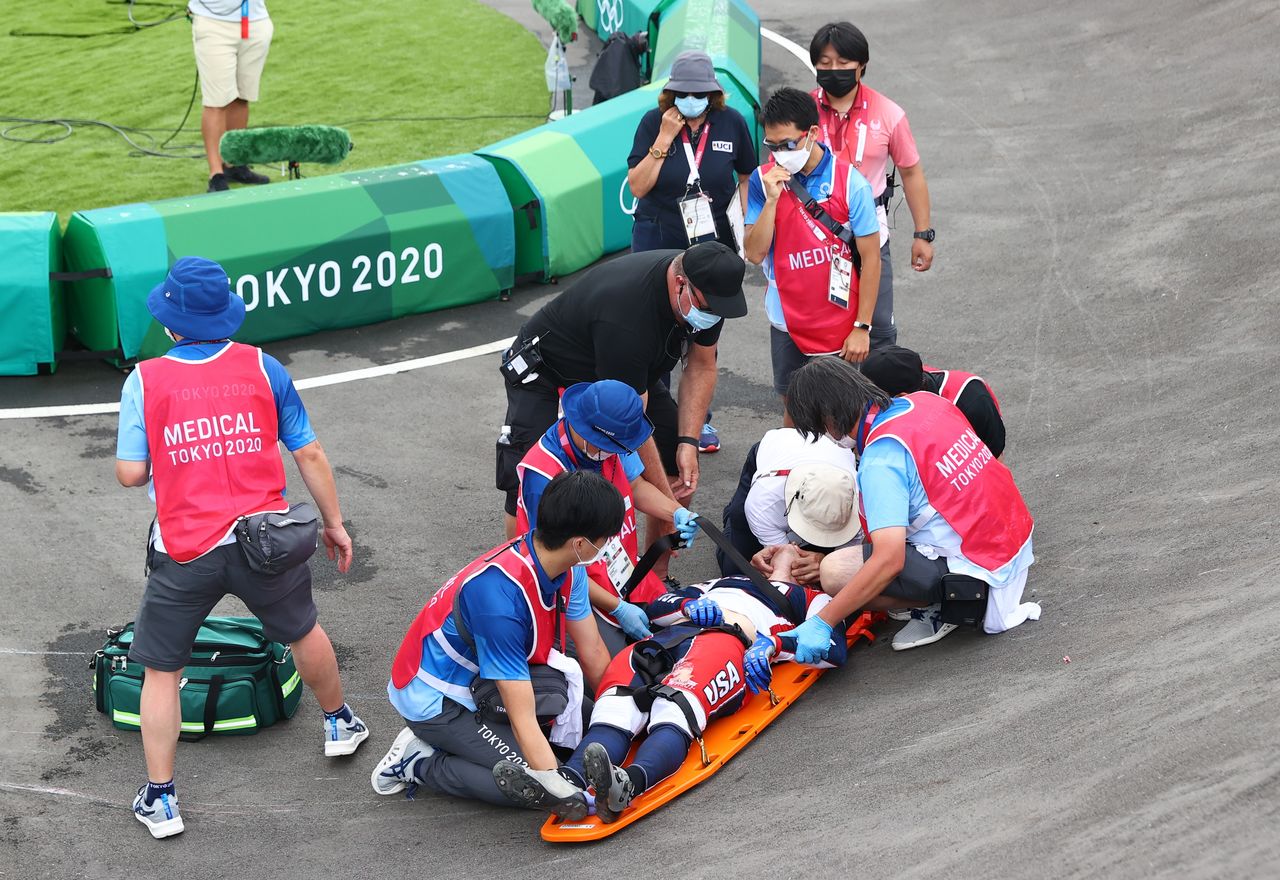 Tokyo 2020 Olympics - BMX Racing - Men's Individual - Semifinal - AUP - Ariake Urban Sports Park, Tokyo, Japan - July 30, 2021. Connor Fields of the United States receives medical attention. REUTERS/Matthew Childs