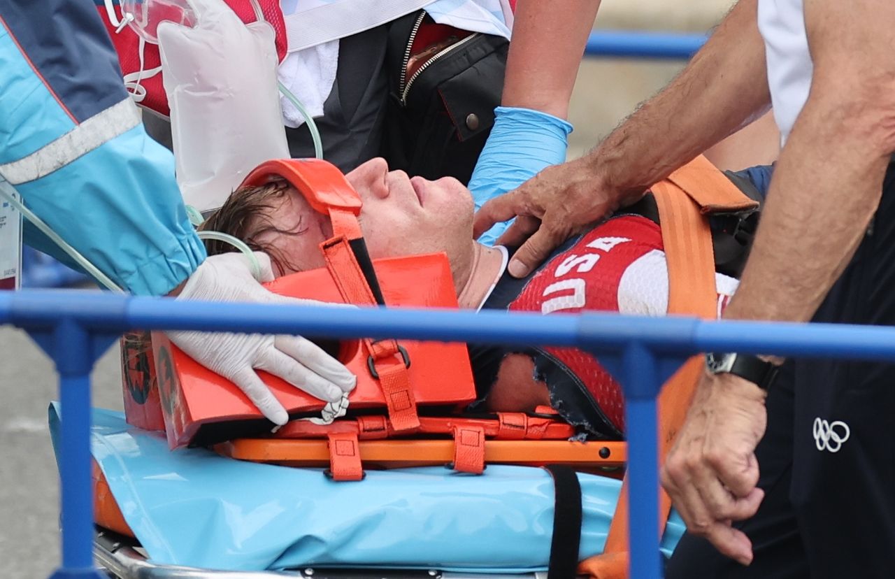 Tokyo 2020 Olympics - BMX Racing - Men's Individual - Semifinal - AUP - Ariake Urban Sports Park, Tokyo, Japan - July 30, 2021. Connor Fields of the United States receives medical attention. REUTERS/Christian Hartmann