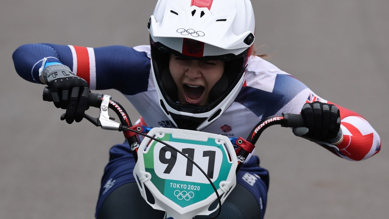 Tokyo 2020 Olympics - BMX Racing - Women's Individual - Final - AUP - Ariake Urban Sports Park, Tokyo, Japan - July 30, 2021. Bethany Shriever of Britain celebrates after winning gold. REUTERS/Christian Hartmann