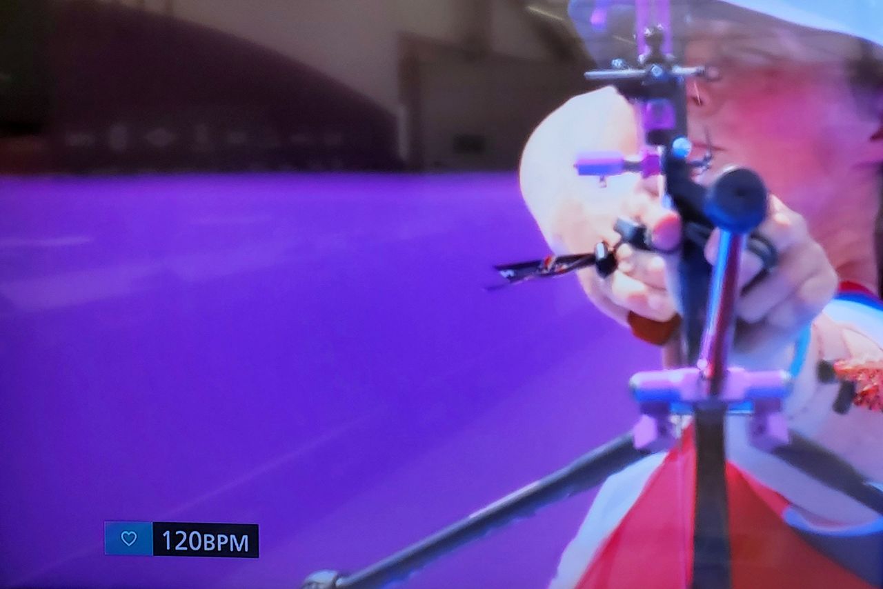 View of a heart-rate display on a screen during archery at the 2020 Tokyo Olympic Games in Japan June 28, 2021. Picture taken June 28, 2021. REUTERS/Ju-min Park