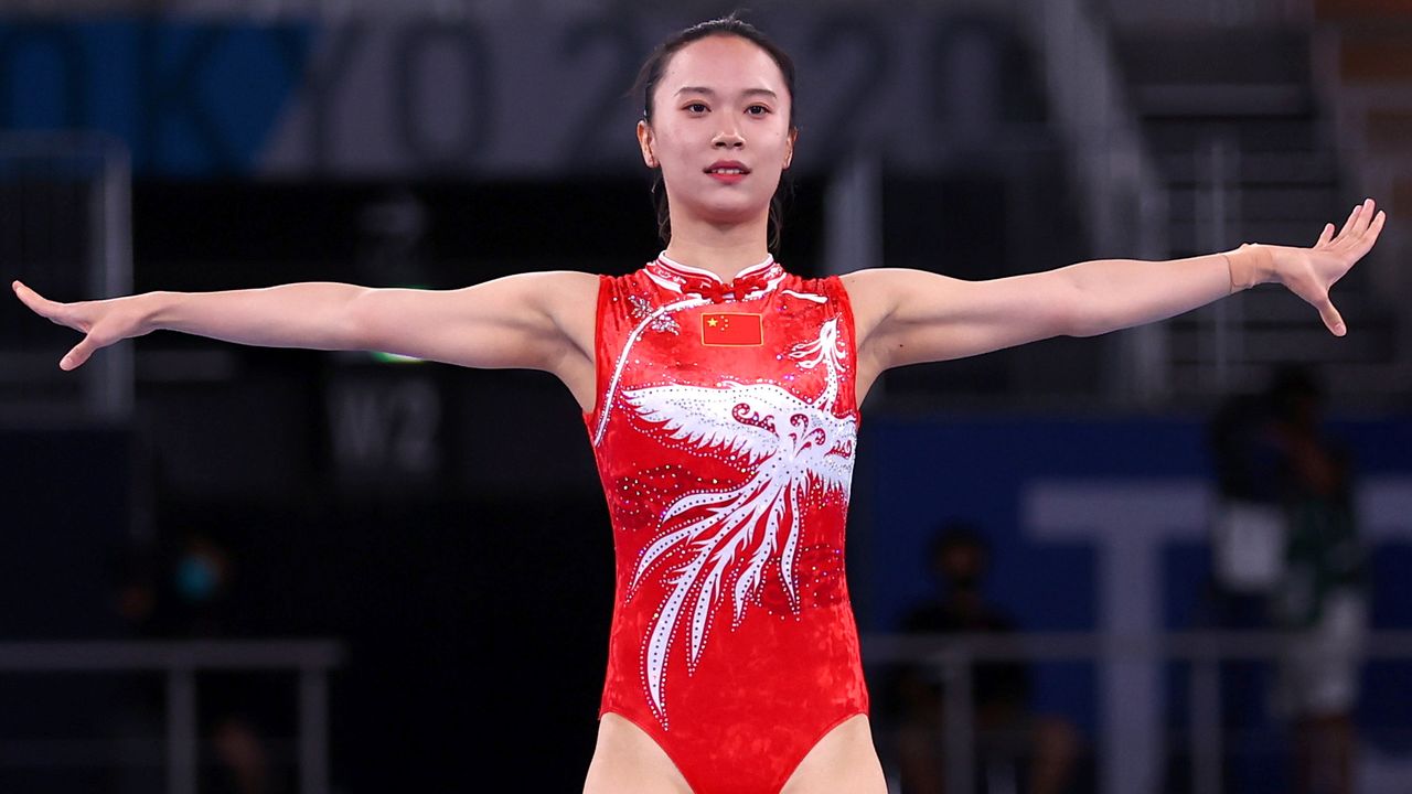 Tokyo 2020 Olympics - Gymnastics - Trampolining - Women's Individual Trampoline - Final - Ariake Gymnastics Centre - Tokyo, Japan - July 30, 2021 Zhu Xueying of China completes her routine REUTERS/Mike Blake