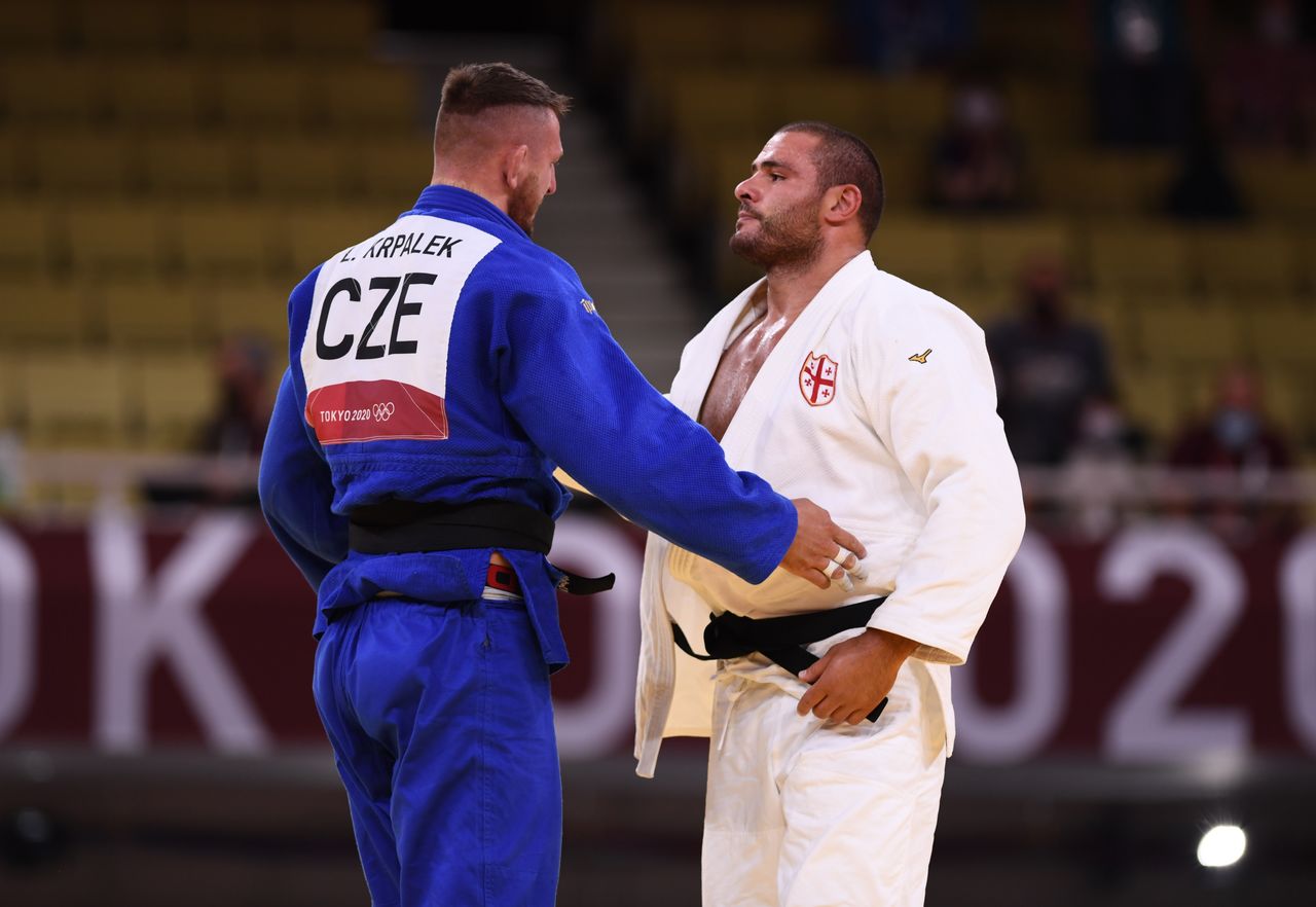 Tokyo 2020 Olympics - Judo - Men's +100kg - Gold medal match - Nippon Budokan - Tokyo, Japan - July 30, 2021. Guram Tushishvili of Georgia and Lukas Krpalek of Czech Republic after the match. REUTERS/Annegret Hilse