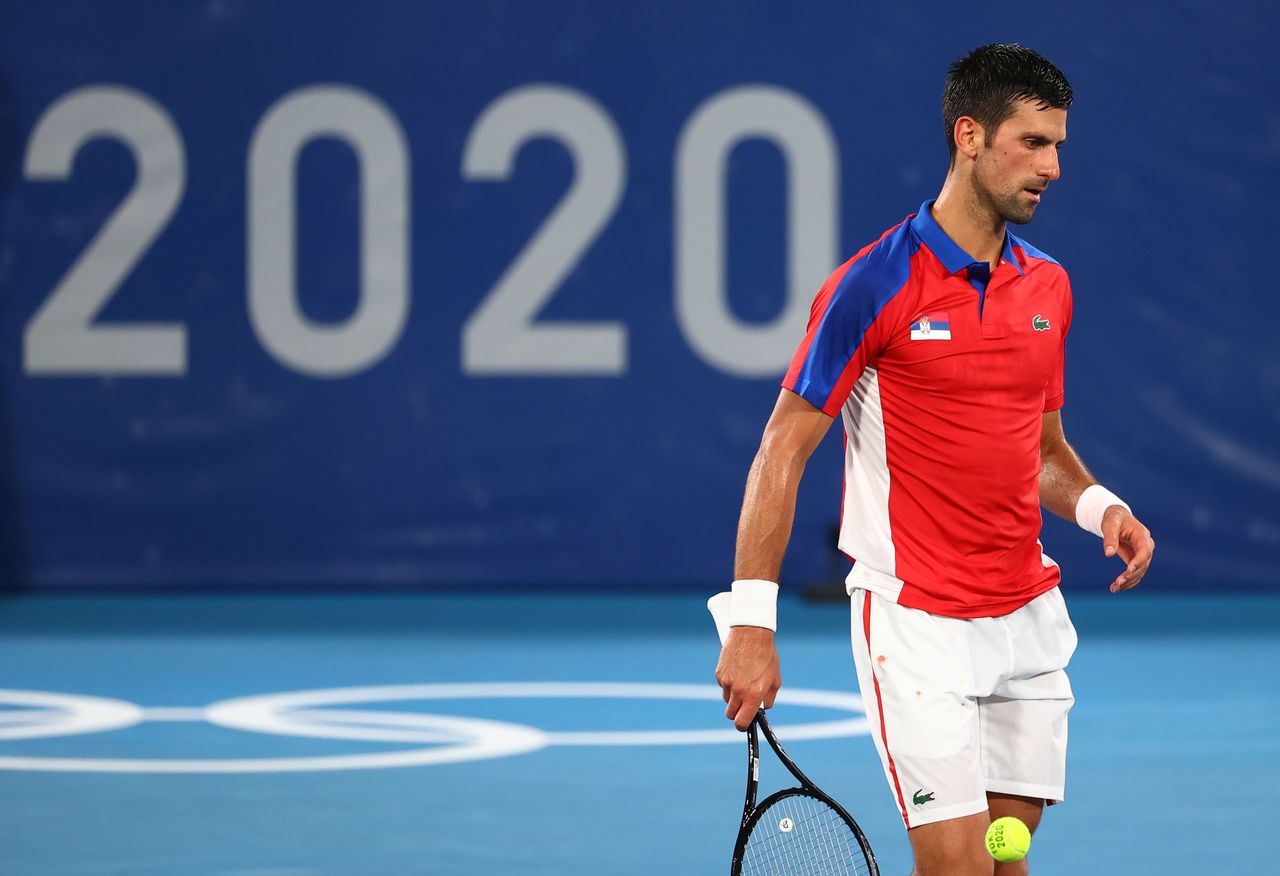Tokyo 2020 Olympics - Tennis - Men's Singles - Semifinal - Ariake Tennis Park - Tokyo, Japan - July 30, 2021. Novak Djokovic of Serbia reacts during his semifinal match against Alexander Zverev of Germany REUTERS/Mike Segar