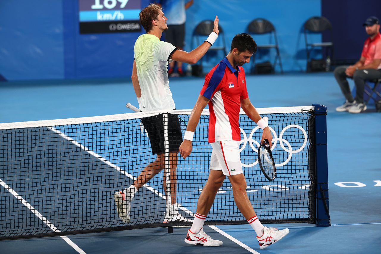 Tokyo 2020 Olympics - Tennis - Men's Singles - Semifinal - Ariake Tennis Park - Tokyo, Japan - July 30, 2021. Novak Djokovic of Serbia reacts during his semifinal match against Alexander Zverev of Germany REUTERS/Mike Segar