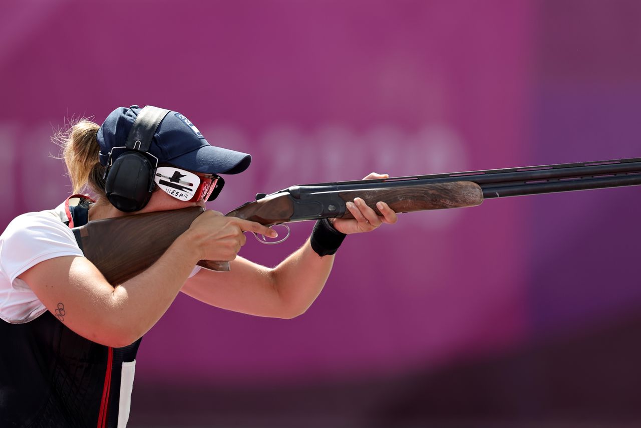 Tokyo 2020 Olympics - Shooting - Mixed Trap Team - Gold medal match - Asaka Shooting Range, Tokyo, Japan - July 31, 2021. Fatima Galvez of Spain in action REUTERS/Ann Wang