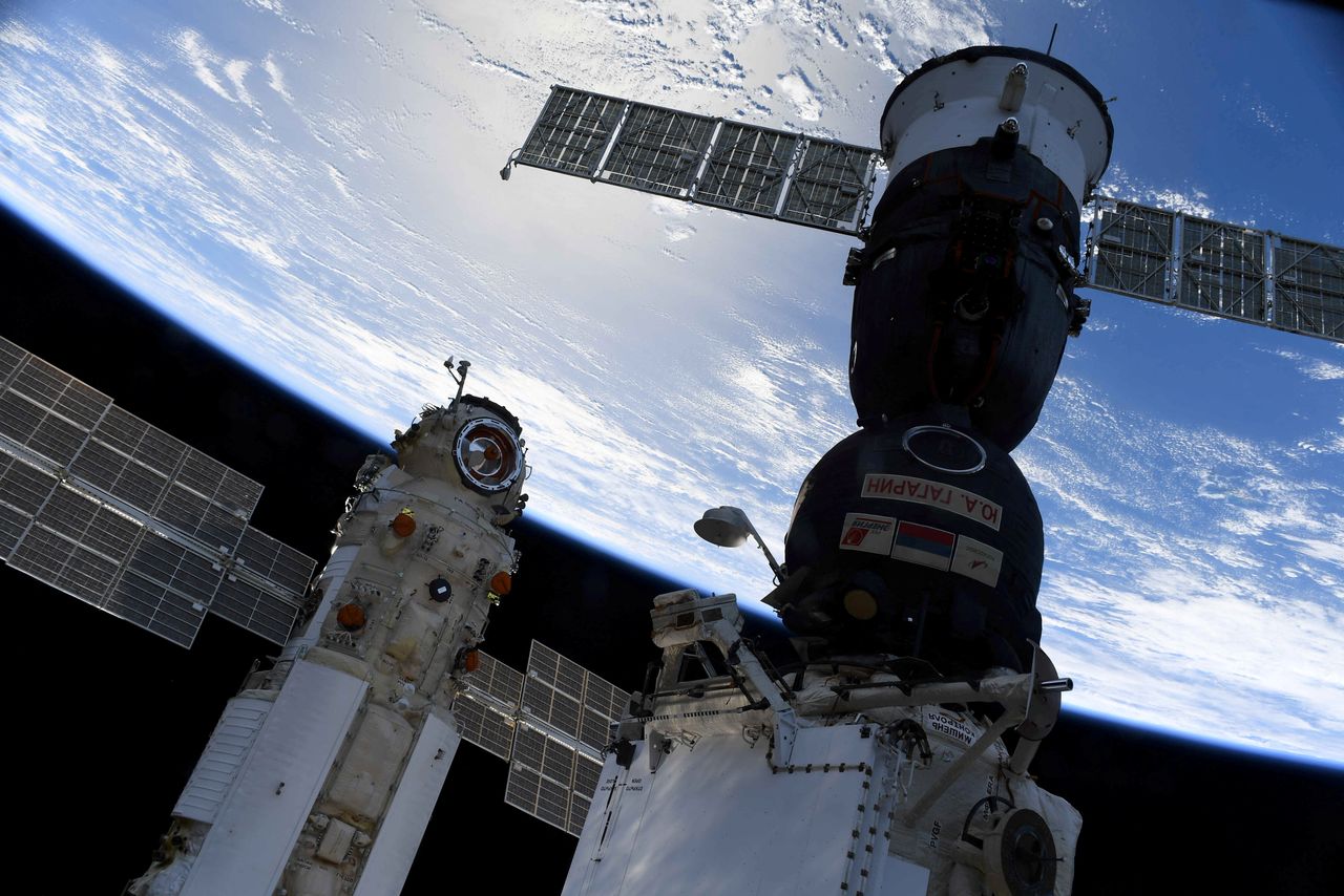 FILE PHOTO: The Nauka (Science) Multipurpose Laboratory Module is seen docked to the International Space Station (ISS) next to next to Soyuz MS-18 spacecraft on July 29, 2021. Picture taken July 29, 2021. Oleg Novitskiy/Roscosmos/Handout via REUTERS
