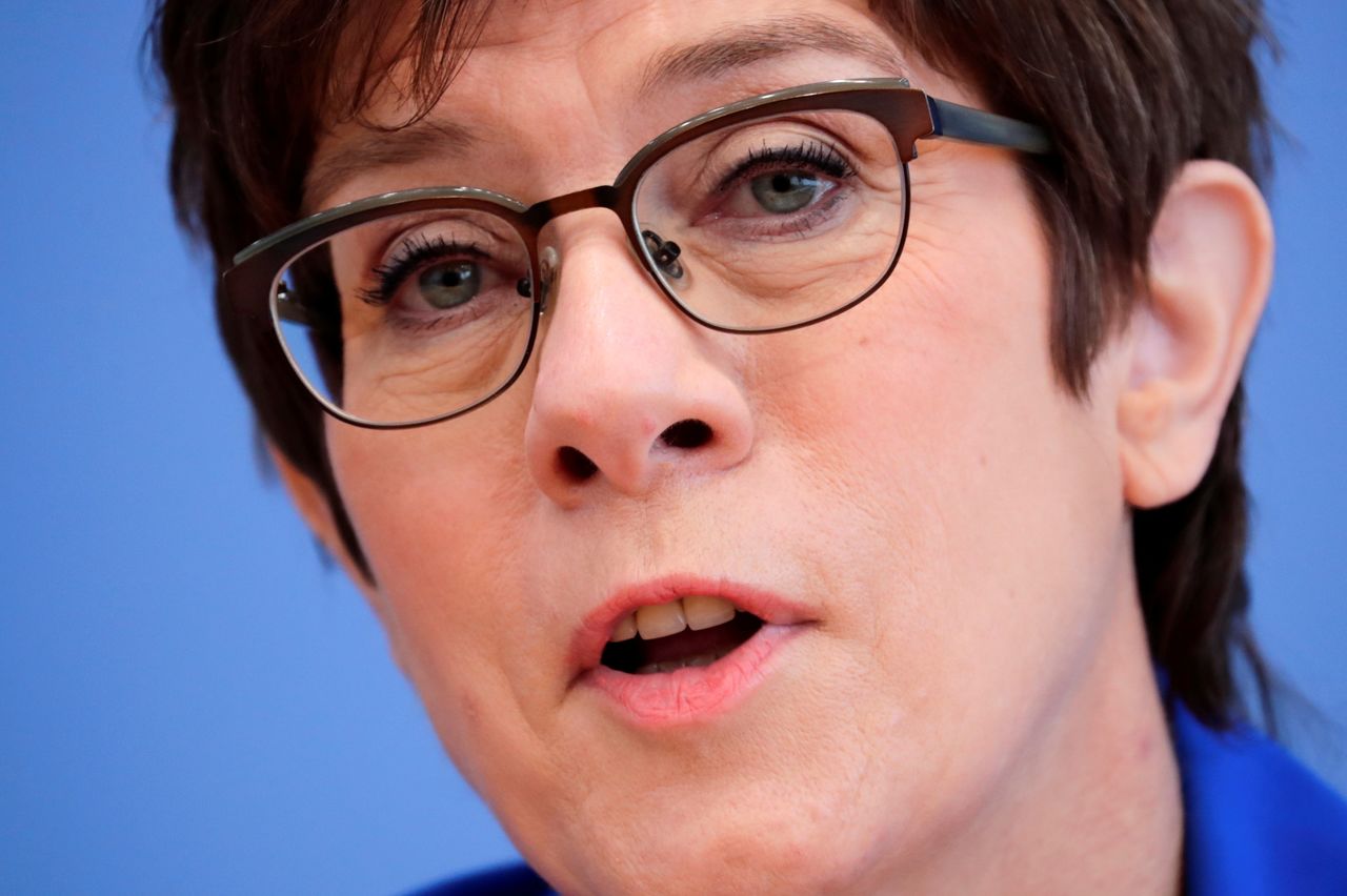 FILE PHOTO: German Defence Minister Annegret Kramp-Karrenbauer speaks during a news conference to present the new "Voluntary Military Service in Homeland Security", in Berlin, Germany, April 6, 2021. REUTERS/Hannibal Hanschke/Pool/File Photo