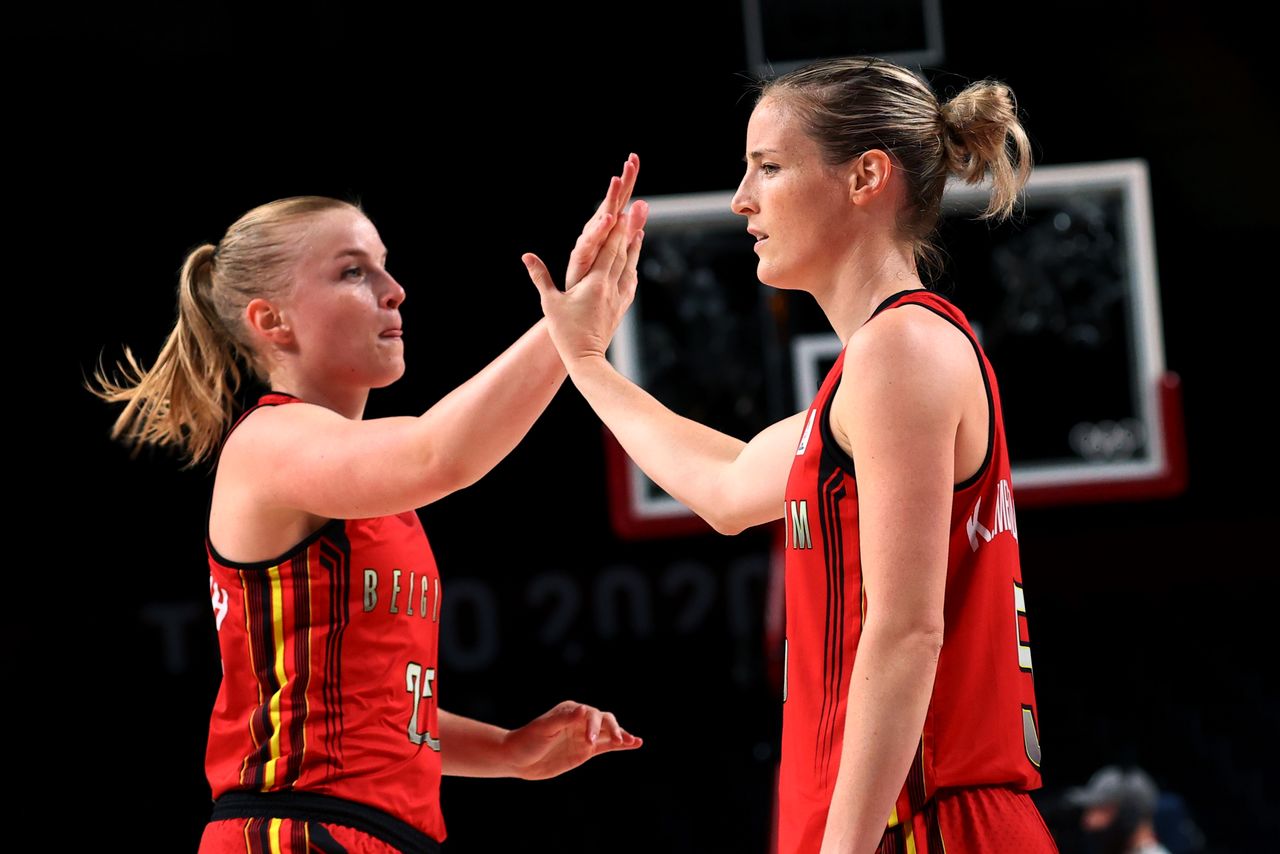 Tokyo 2020 Olympics - Basketball - Women - Group C - China v Belgium - Saitama Super Arena, Saitama, Japan - August 2, 2021. Kim Mestdagh of Belgium and Hanne Mestdagh of Belgium before the match REUTERS/Brian Snyder