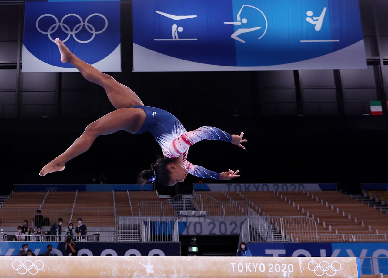 Tokyo 2020 Olympics - Gymnastics - Artistic - Gymnastics Training - Ariake Gymnastics Centre, Tokyo, Japan - August 3, 2021. Simone Biles of the United States on the balance beam during training. REUTERS/Mike Blake
