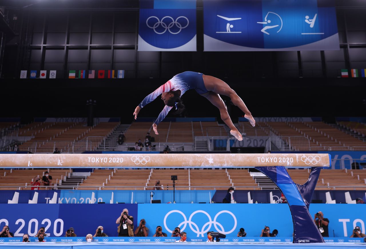 Tokyo 2020 Olympics - Gymnastics - Artistic - Gymnastics Training - Ariake Gymnastics Centre, Tokyo, Japan - August 3, 2021. Simone Biles of the United States on the balance beam during training. REUTERS/Mike Blake