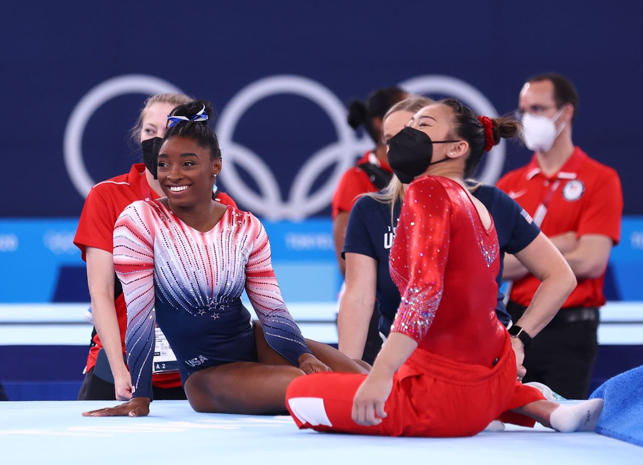 Tokyo 2020 Olympics - Gymnastics - Artistic - Gymnastics Training - Ariake Gymnastics Centre, Tokyo, Japan - August 3, 2021. Simone Biles of the United States and Sunisa Lee of the United States during training. REUTERS/Mike Blake