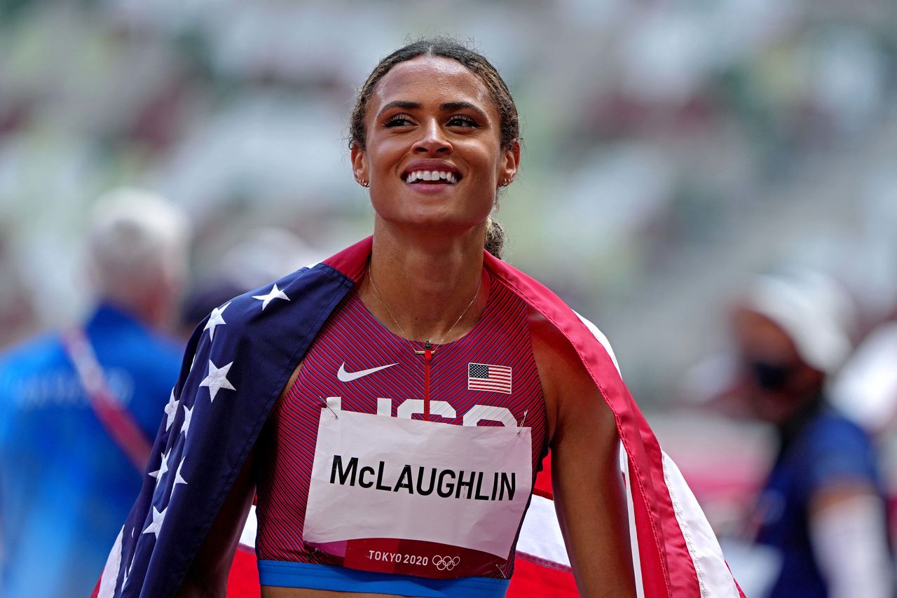 Aug 4, 2021; Tokyo, Japan; Sydney McLaughlin (USA) celebrates winning the gold medal in the women