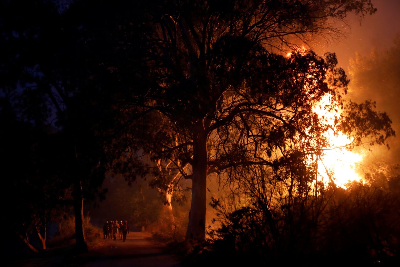 Firefighters walk as flames rise during a wildfire in the village of Rovies, on Evia island, Greece, August 4, 2021. REUTERS/Costas Baltas