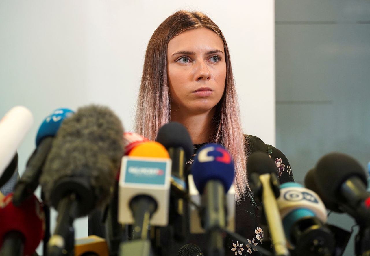 Belarusian sprinter Krystsina Tsimanouskaya, who left the Olympic Games in Tokyo and seeks asylum in Poland, attends a news conference in Warsaw, Poland August 5, 2021. REUTERS/Darek Golik