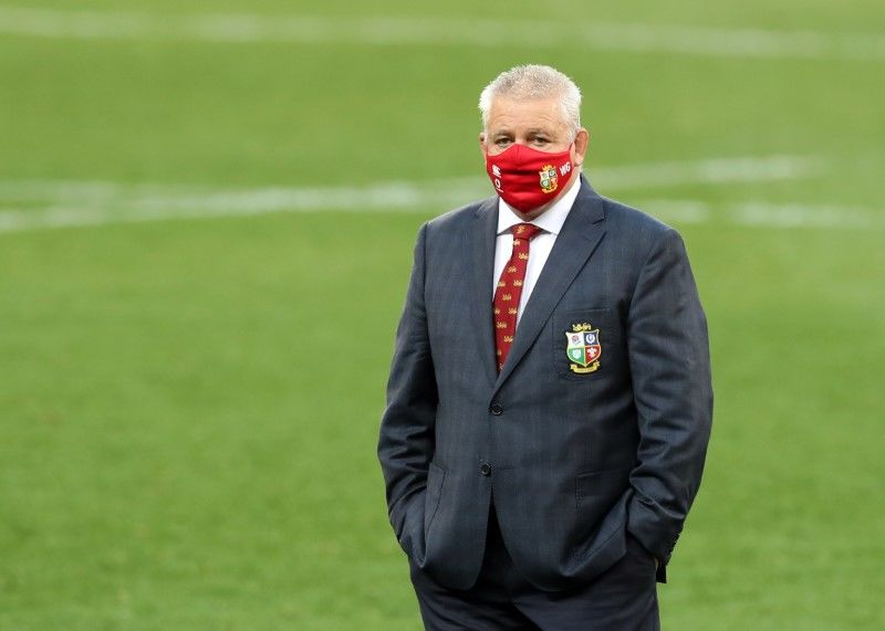 FILE PHOTO: Rugby Union - Stormers v British and Irish Lions - Cape Town Stadium, Cape Town, South Africa - July 17, 2021 British and Irish Lions head coach Warren Gatland wearing a face mask before the match REUTERS/Mike Hutchings