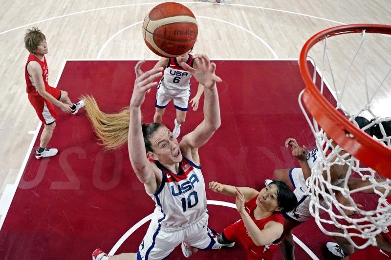 Aug 8, 2021; Saitama, Japan; United States forward Breanna Stewart (10) grabs a reboundagainst Japan in the women