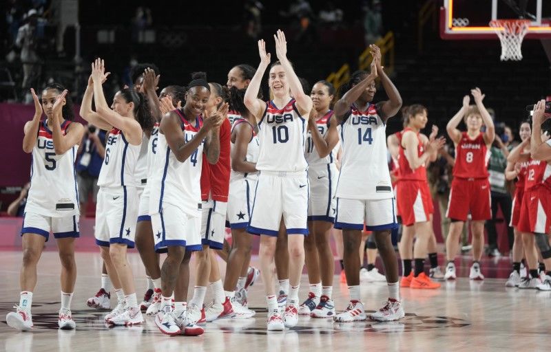 Aug 8, 2021; Saitama, Japan; The United States celebrates winning the gold medal against Japan in the women