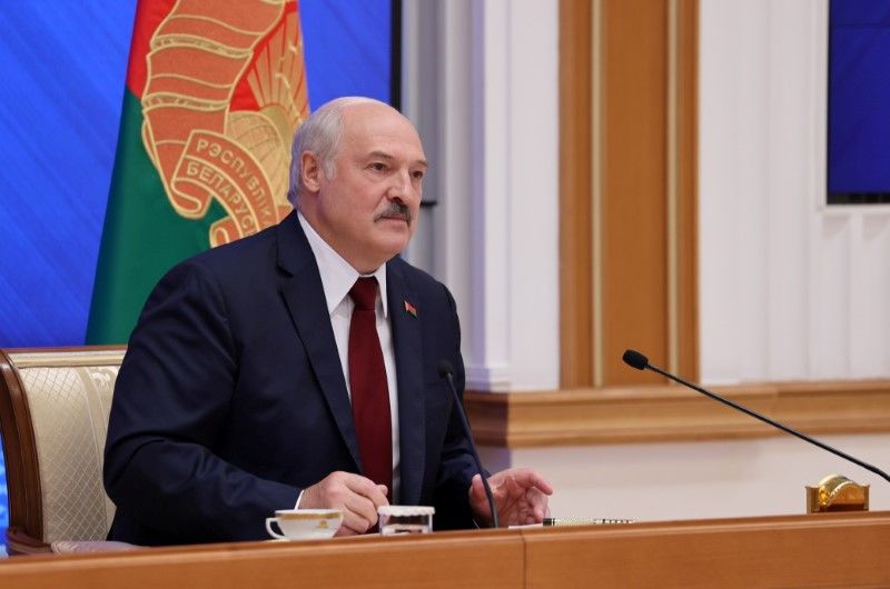 Belarusian President Alexander Lukashenko holds a news conference in Minsk, Belarus August 9, 2021. Maxim Guchek/BelTA/Handout via REUTERS