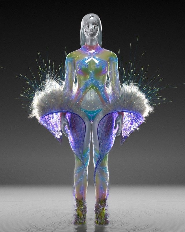 Digital render of the "Atokirina" full look made by the digital fashion company Auroboros, obtained by Reuters on August 10, 2021. The Atokirina look consists of the Mandrake Bodysuit, the Atokirina Coat and the Shishigami Heels in Light. Auroboros/Handout via REUTERS