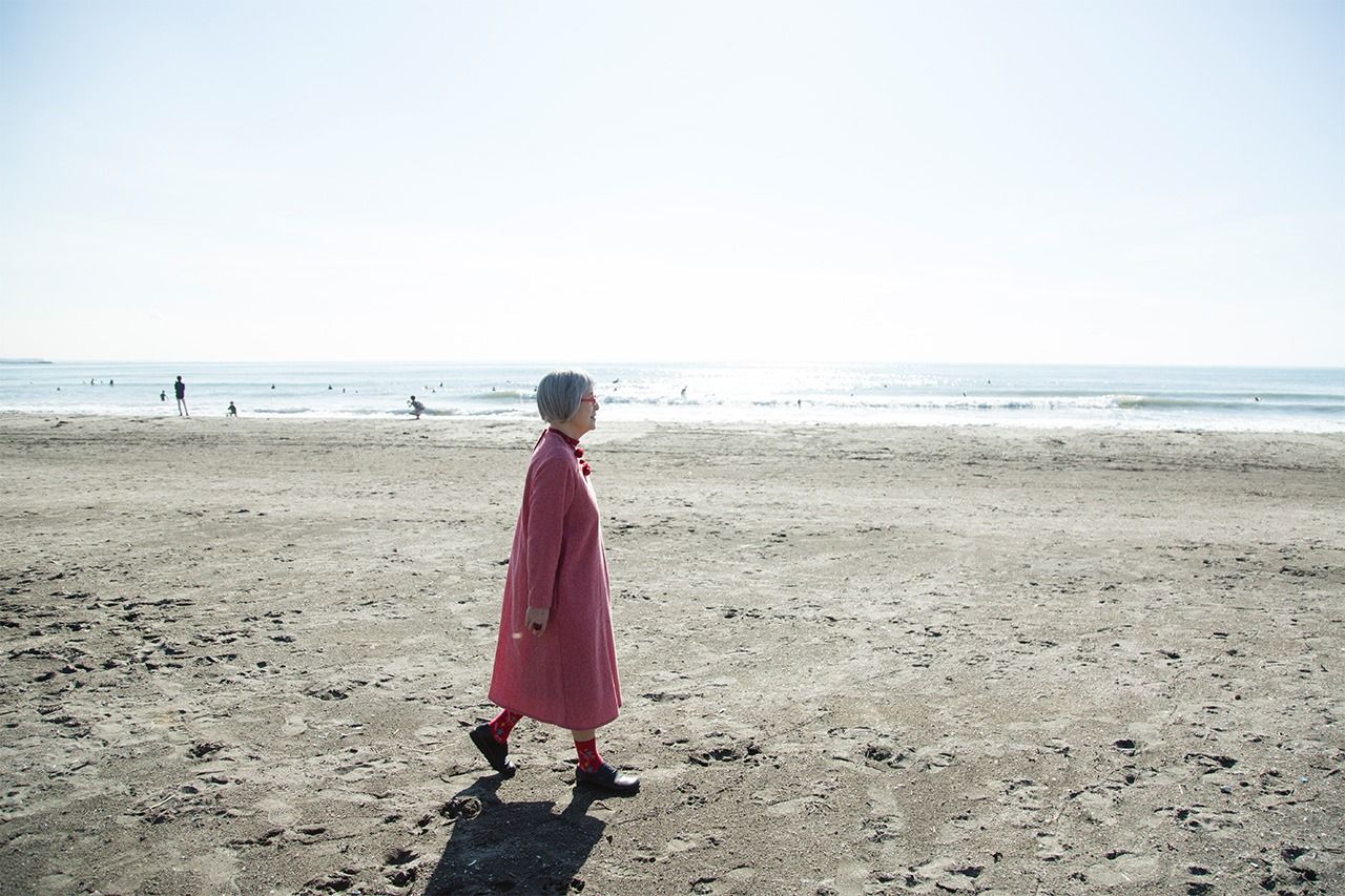 On the beach at Yuigahama near her house in Kamakura.