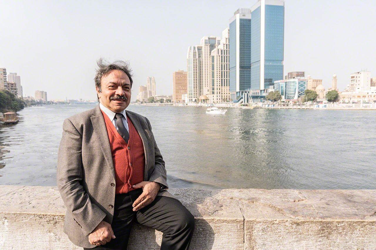 Isam Hamza in Cairo, with the Nile in the background.