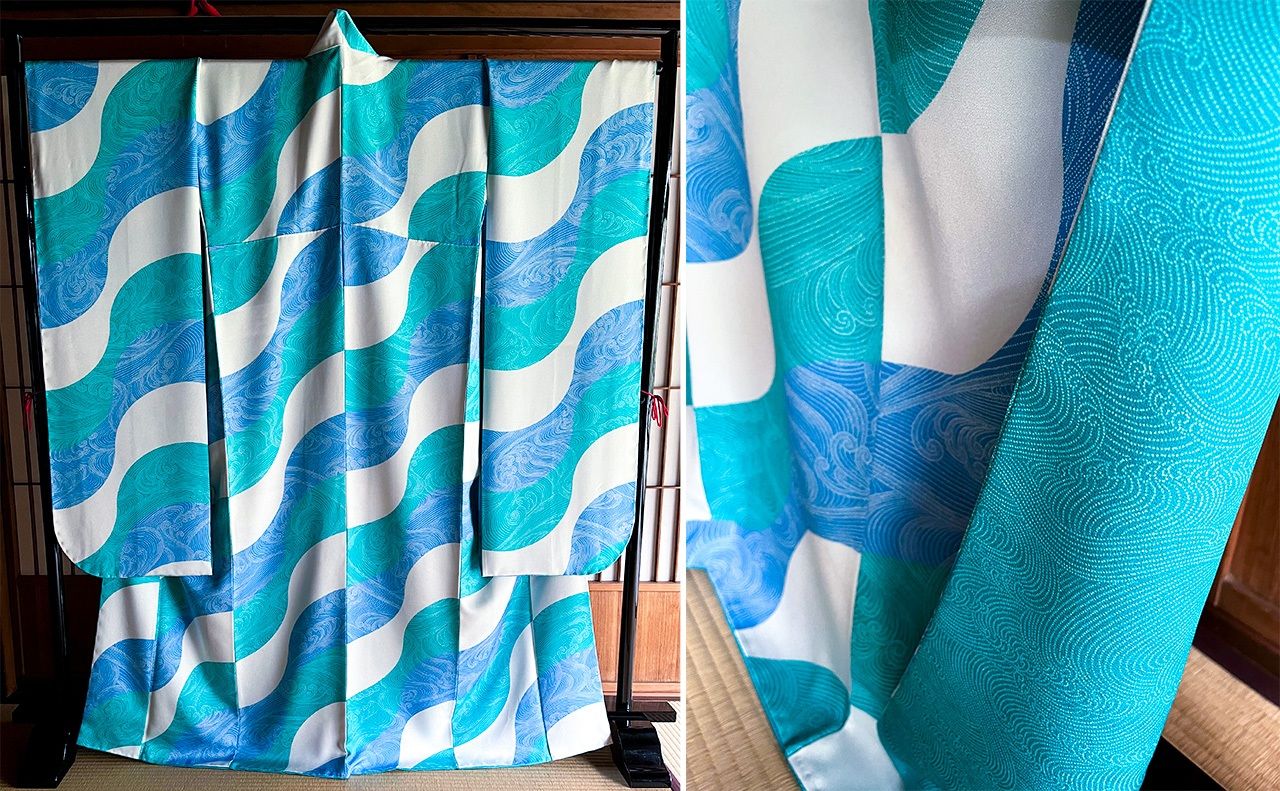 “Riding the Waves,” a pattern crafted by Hirose for a long-sleeved furisode kimono for his daughter, who, like her father, aspires to world-class proficiency in wind surfing. The design features a traditional wave motif overlaid with a “running water” pattern. Hirose specifically chose the emerald green, blue, and white color scheme to complement his daughter’s deep tan. The kimono’s lining also incorporates a green wave pattern. (Courtesy of Hirose Yūichi)