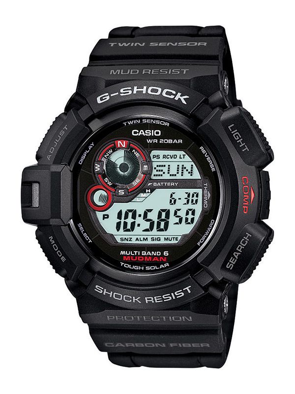The “Master of G” GW-9300-1JF Mudman provides temperature and direction sensing and moon-phase functions in a mud-resistant body.