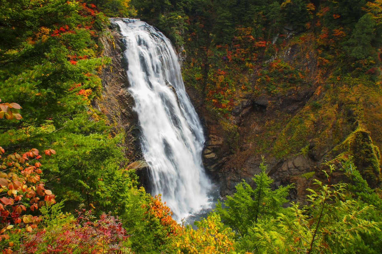 La cascada de Sanjō, en la cuenca superior del río Tadami, cuya corriente se origina en Oze. (Imagen de PIXTA)