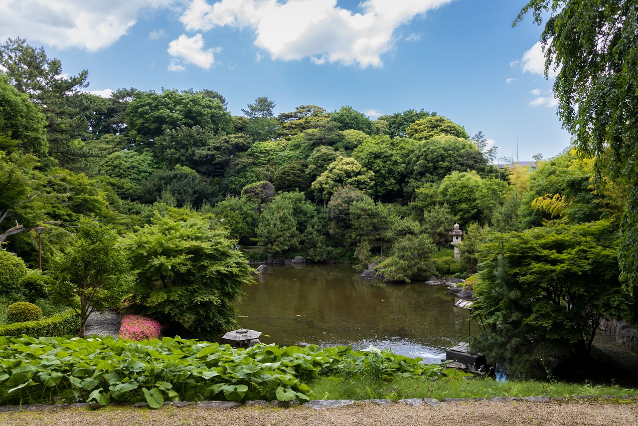 El jardín Shōtōen abre al público en contadas ocasiones. Al otro lado del lago se aprecia un bosque en el que había una cabaña, lugar donde se cree que se celebró la negociación entre Saigō y Katsu.
