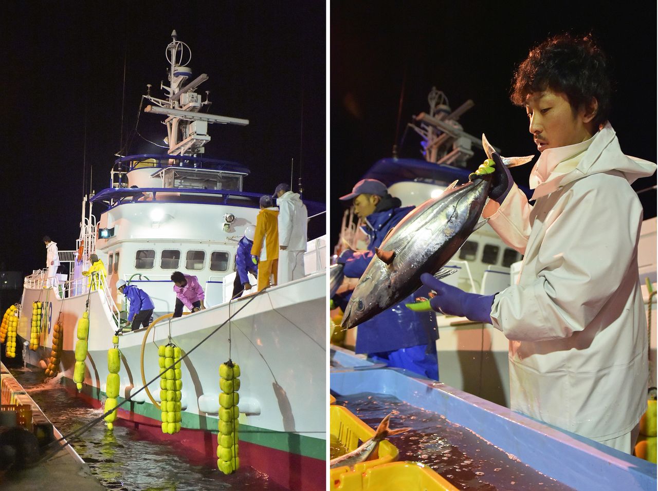 A la izquierda, un barco dedicado a la pesca del bonito con caña y sedal atraca en el puerto de Meitsu (Nichinan, prefectura de Miyazaki). A la derecha, los pescadores desembarcan la carga en el mismo puerto (Jiji Press).