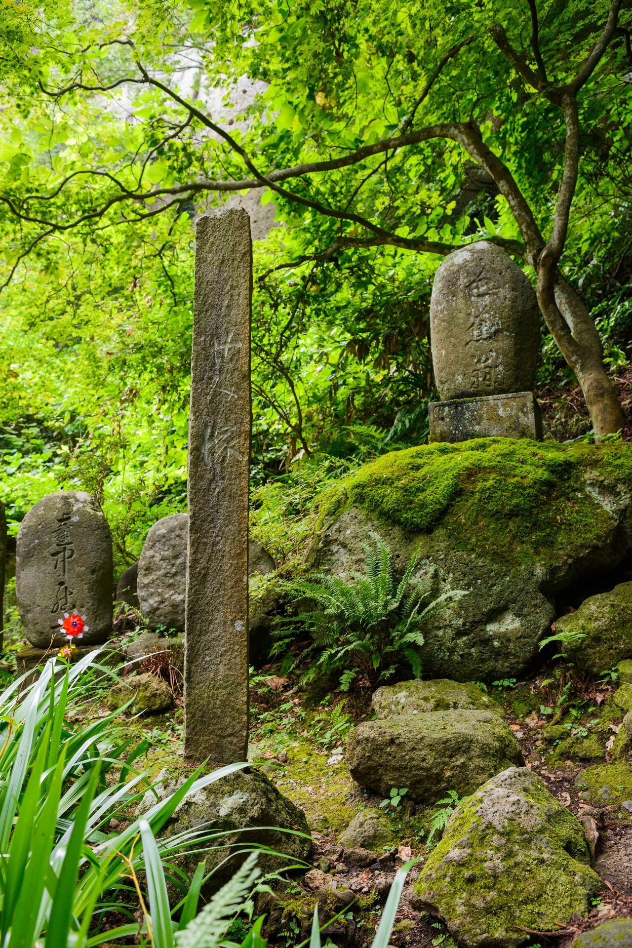 Semi-zuka, una piedra conmemorativa del paso de Matsuo Bashō por Yama-dera y del haiku que compuso allí (imagen cortesía de la Asociación de Turismo de Yamagata). 