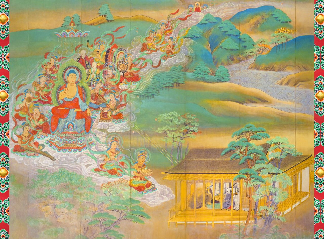 Parte del mural (tesoro nacional) restaurado en el interior del pabellón Hōōdō. (Fotografía: Byōdōin)