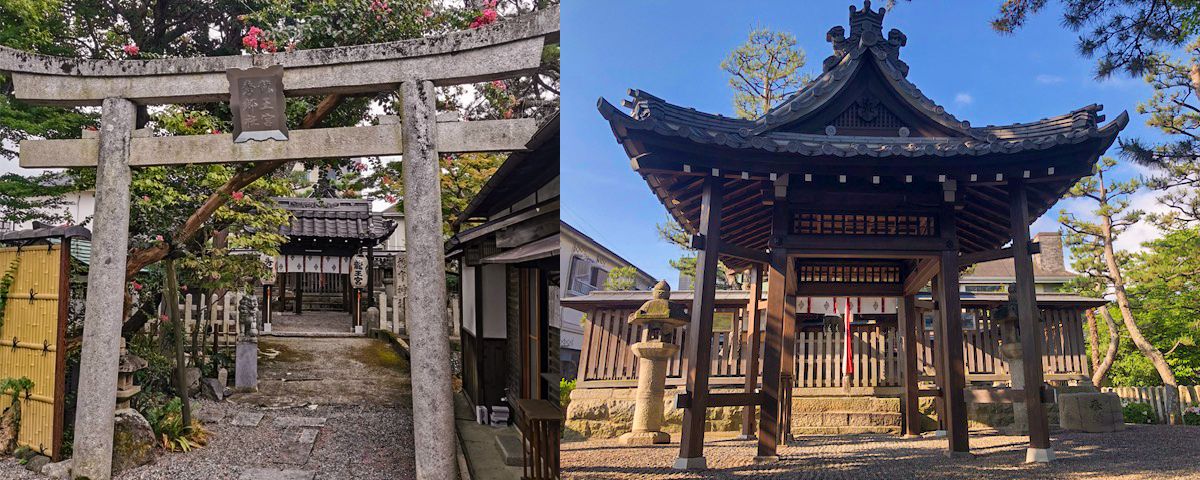 A la izquierda, el silencioso recinto del santuario en el extremo oriente del puente. A la derecha, el pabellón principal consagrado a la deidad del dragón y a Hidesato. Imagen cortesía del santuario de Setabashi Ryūgū Hidesatosha.